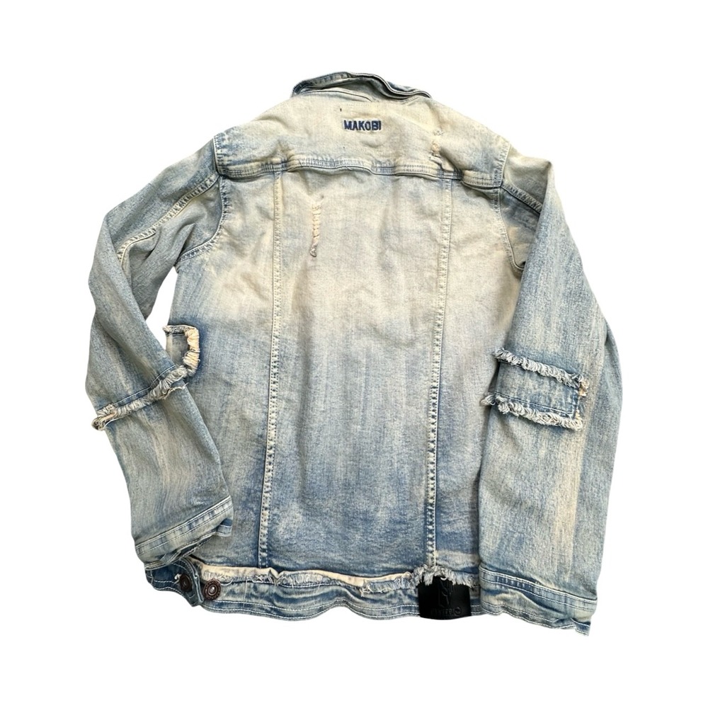 Makobi Denim Jacket Mens XL Blue Distressed Frayed Premium Cotton Trucker Coat - Picture 2 of 12